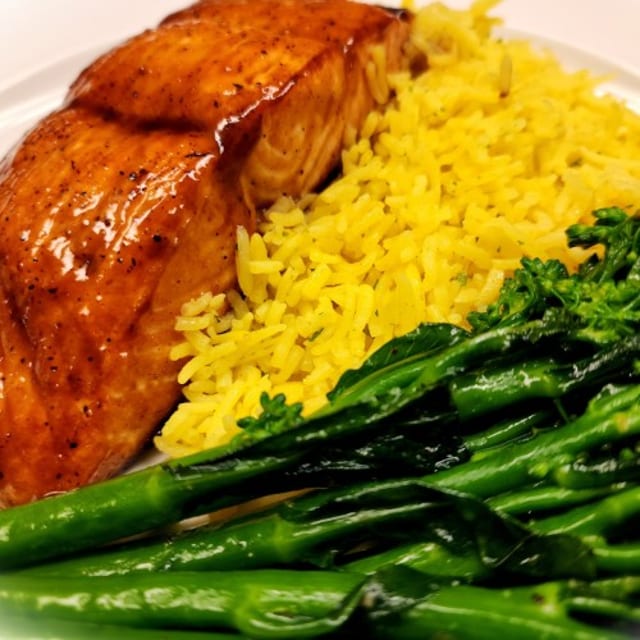 Bourbon glazed salmon.